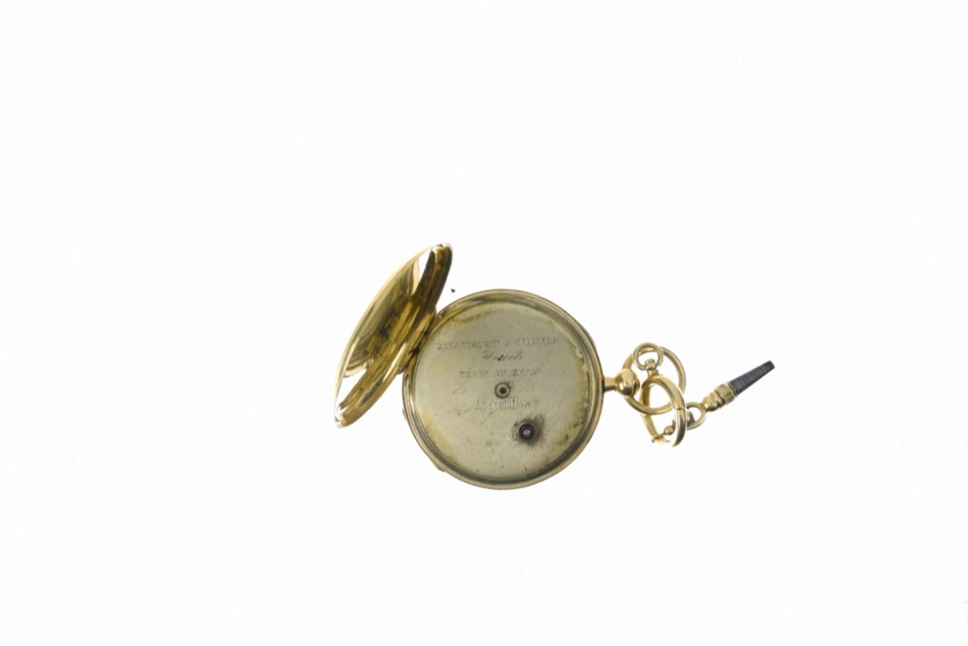 Lot of 3 fob watches 1. 18k gold fob watch Porcelain dial with Roman numerals and external rail - Image 3 of 9