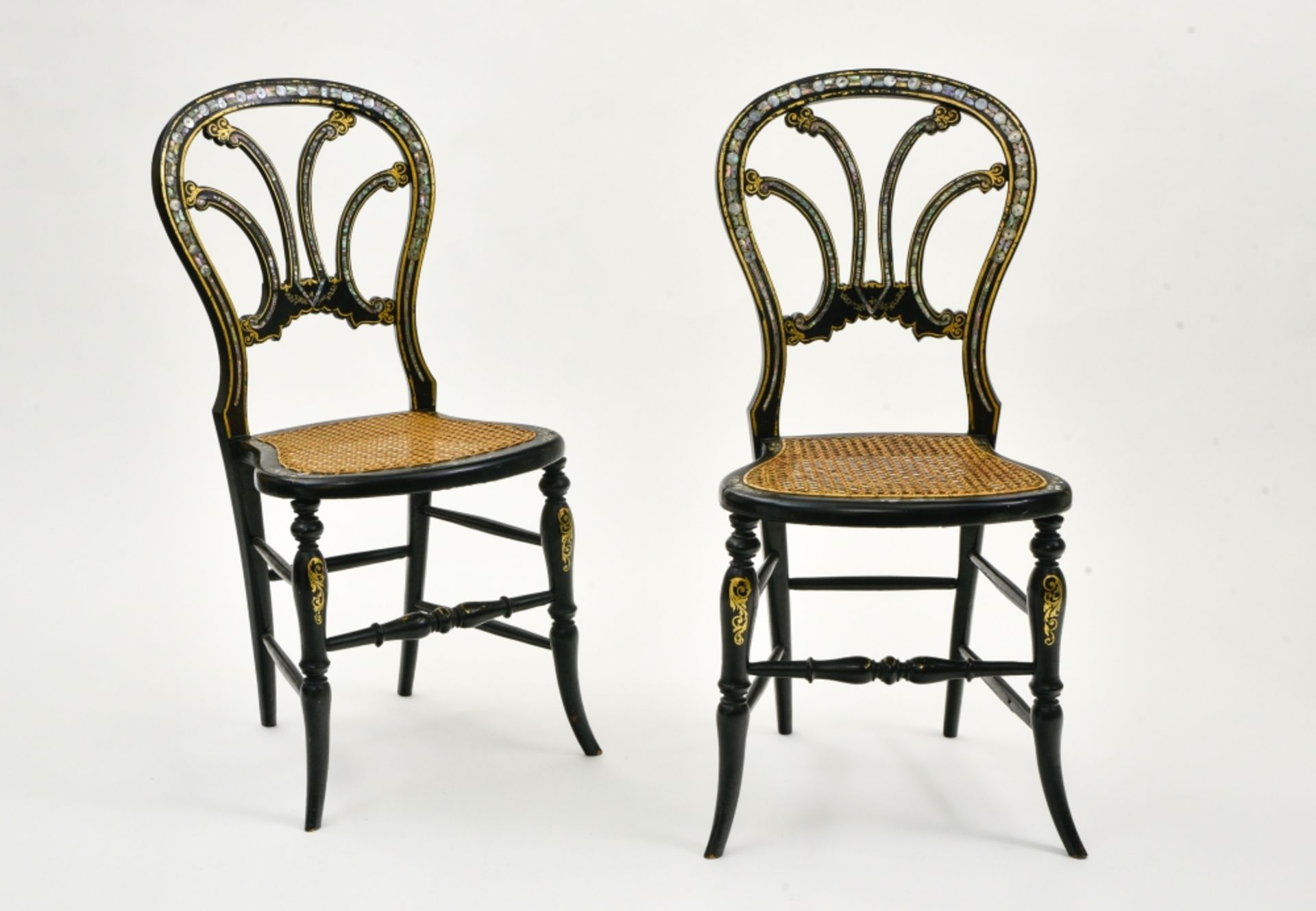 Pair of chairs NAPOLEON III-STYLE WORK black and gold lacquered wood, inlaid with mother-of-pearl - Image 2 of 3