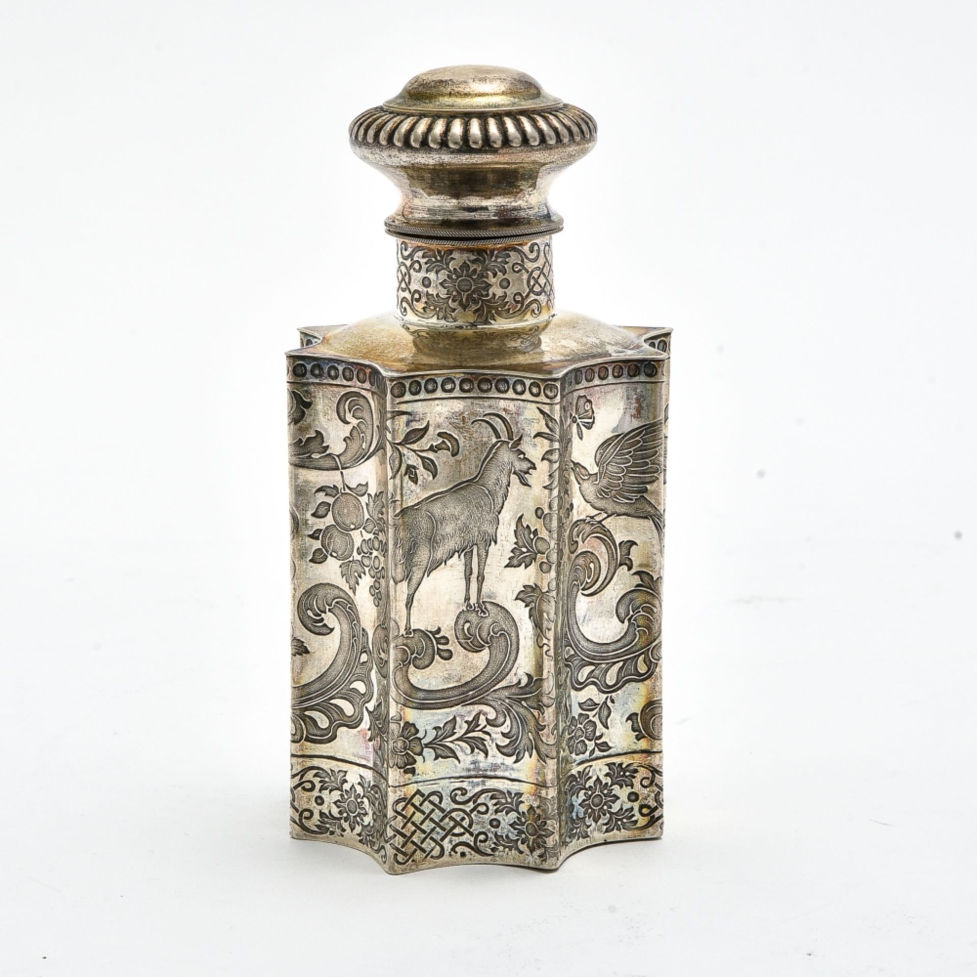 Tea box GERMANY OR AUSTRIA, 19TH CENTURY silver, engraved with a dog, bird, and ibex in a - Image 2 of 2