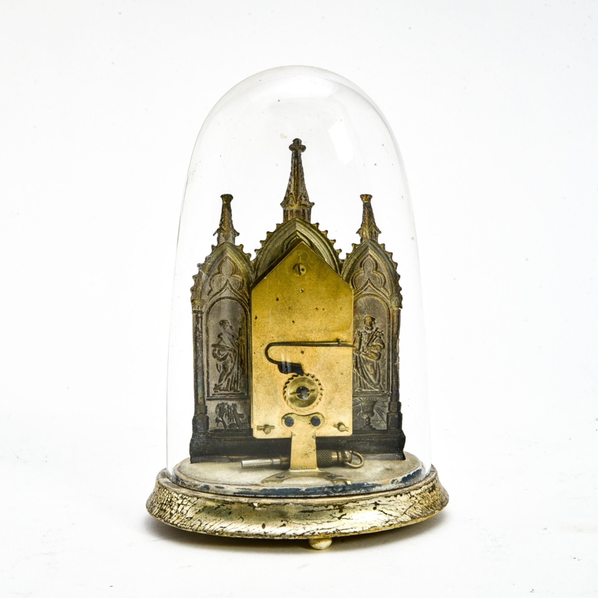 Miniature cathedral clock 19TH CENTURY WORK silver-plated and gilt metal, decorated with St. - Image 2 of 3