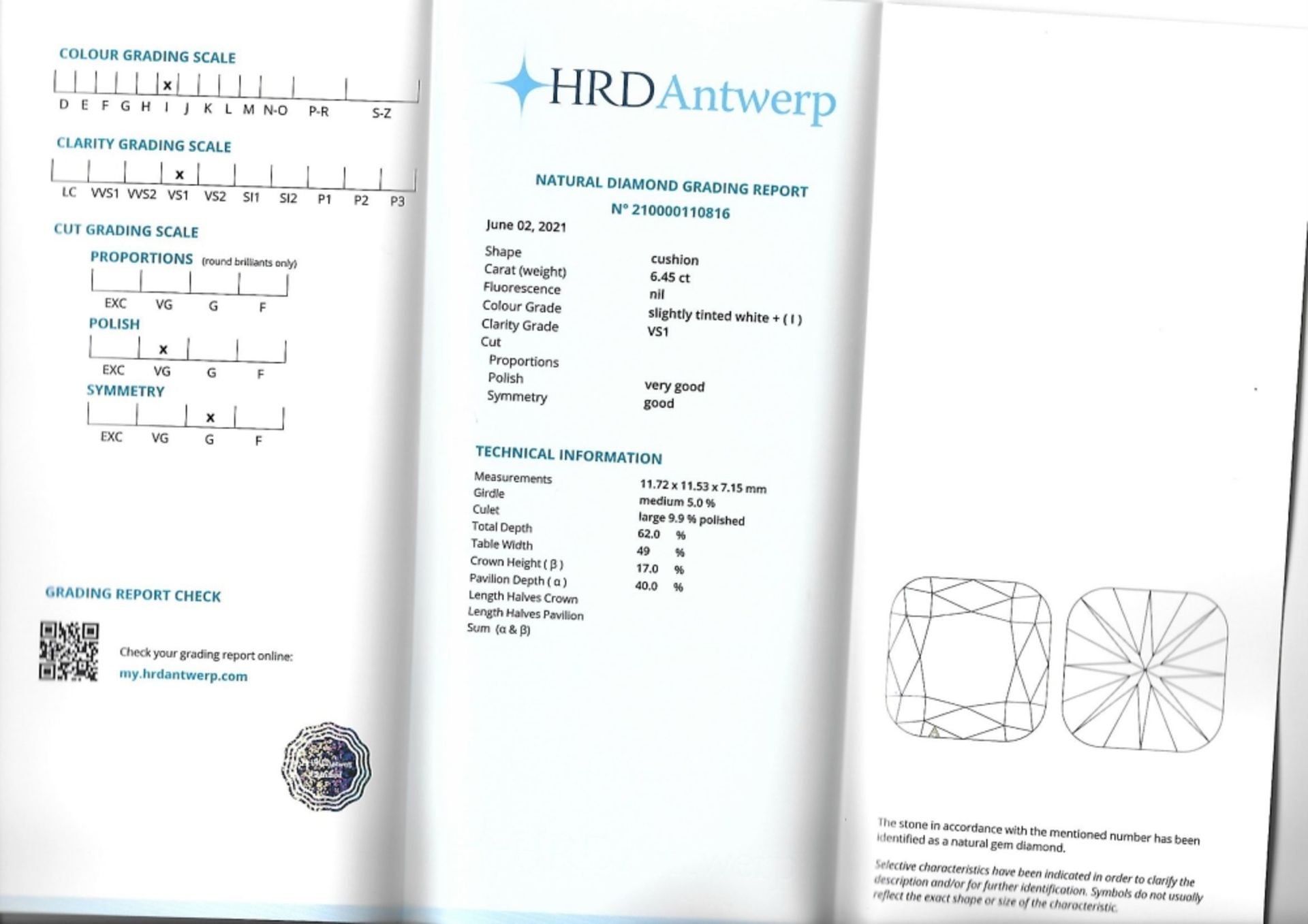 Large cushion-cut diamond 6.45 ct weight, VS1 clarity and colour I, no fluorescence. Polished culet. - Image 4 of 5