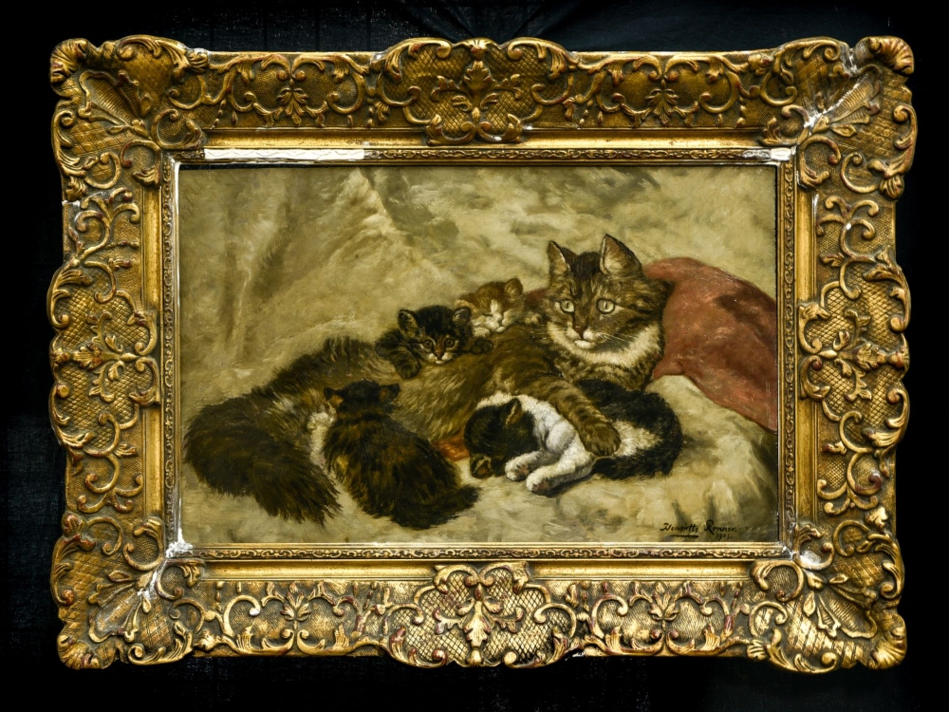 Cat with her four kittens BELGIAN SCHOOL, LATE 19TH-EARLY 20TH CENTURY oil on panel, signed - Image 2 of 3