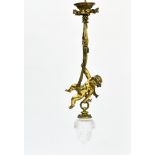 Chandelier with a putto 20TH CENTURY WORK bronze with golden patina, cut crystal globe H : 110 cm