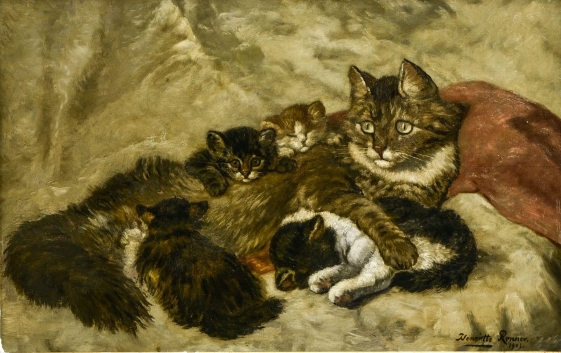 Cat with her four kittens BELGIAN SCHOOL, LATE 19TH-EARLY 20TH CENTURY oil on panel, signed