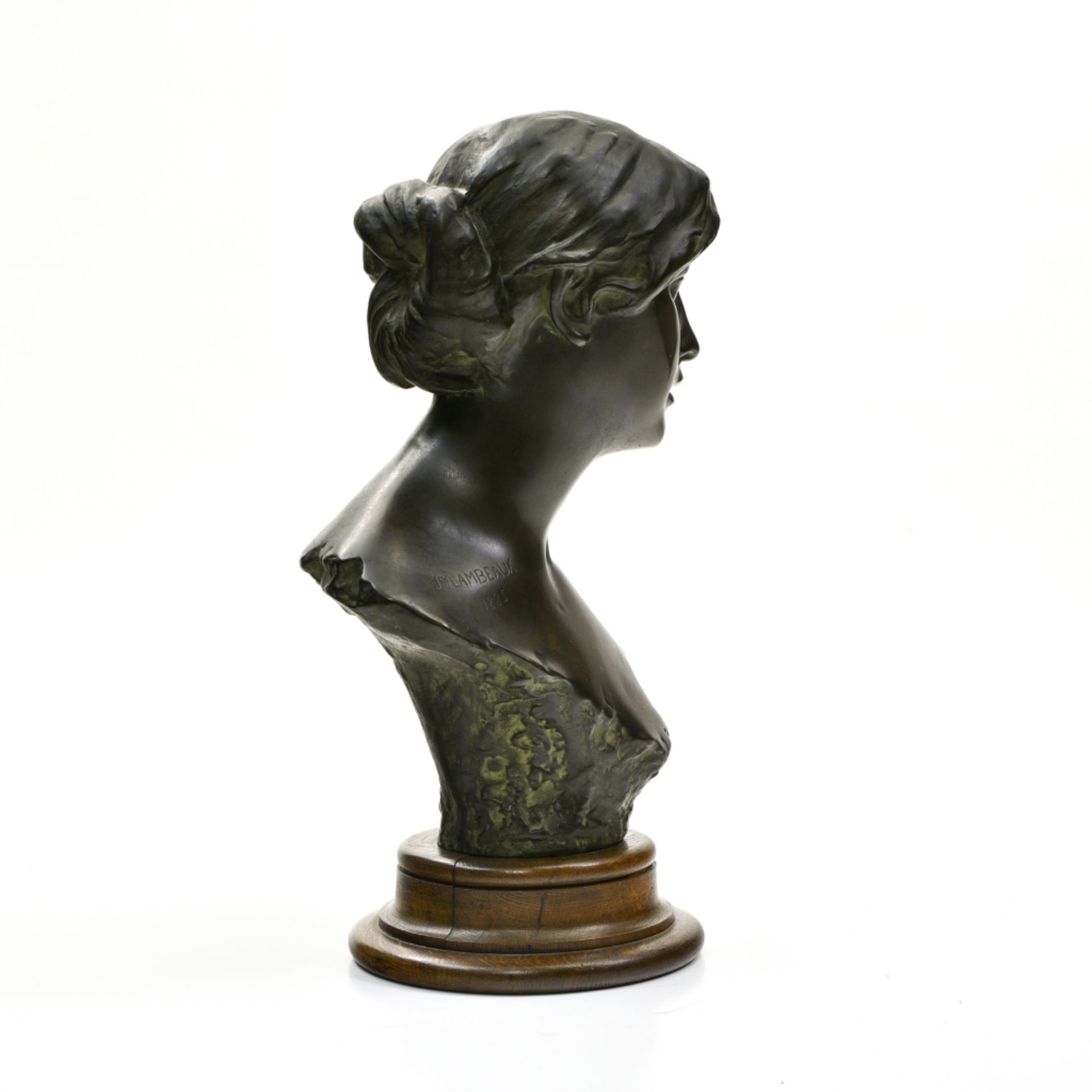 Jef LAMBEAUX (1852-1908) Bust of a young woman, 1885 bronze sculpture, signed and dated, moulded - Image 2 of 4