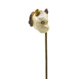 Dog's head tie pin 14 kt gold, set with a baroque pearl, with eyes made of rose-cut diamonds,