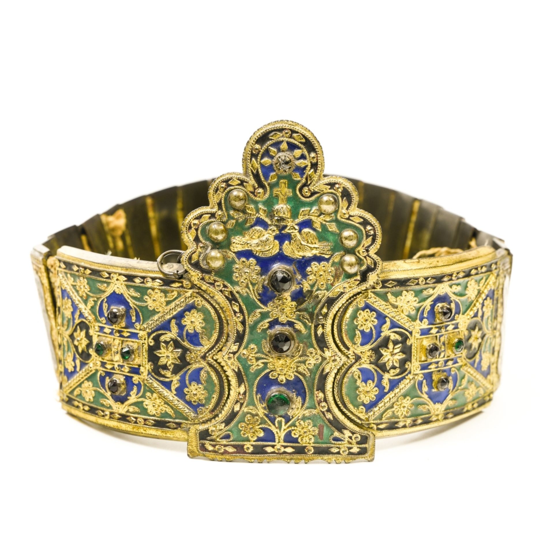 Marriage belt GREECE, EARLY 19TH CENTURY Enamelled and gilt brass and vermeil with glass