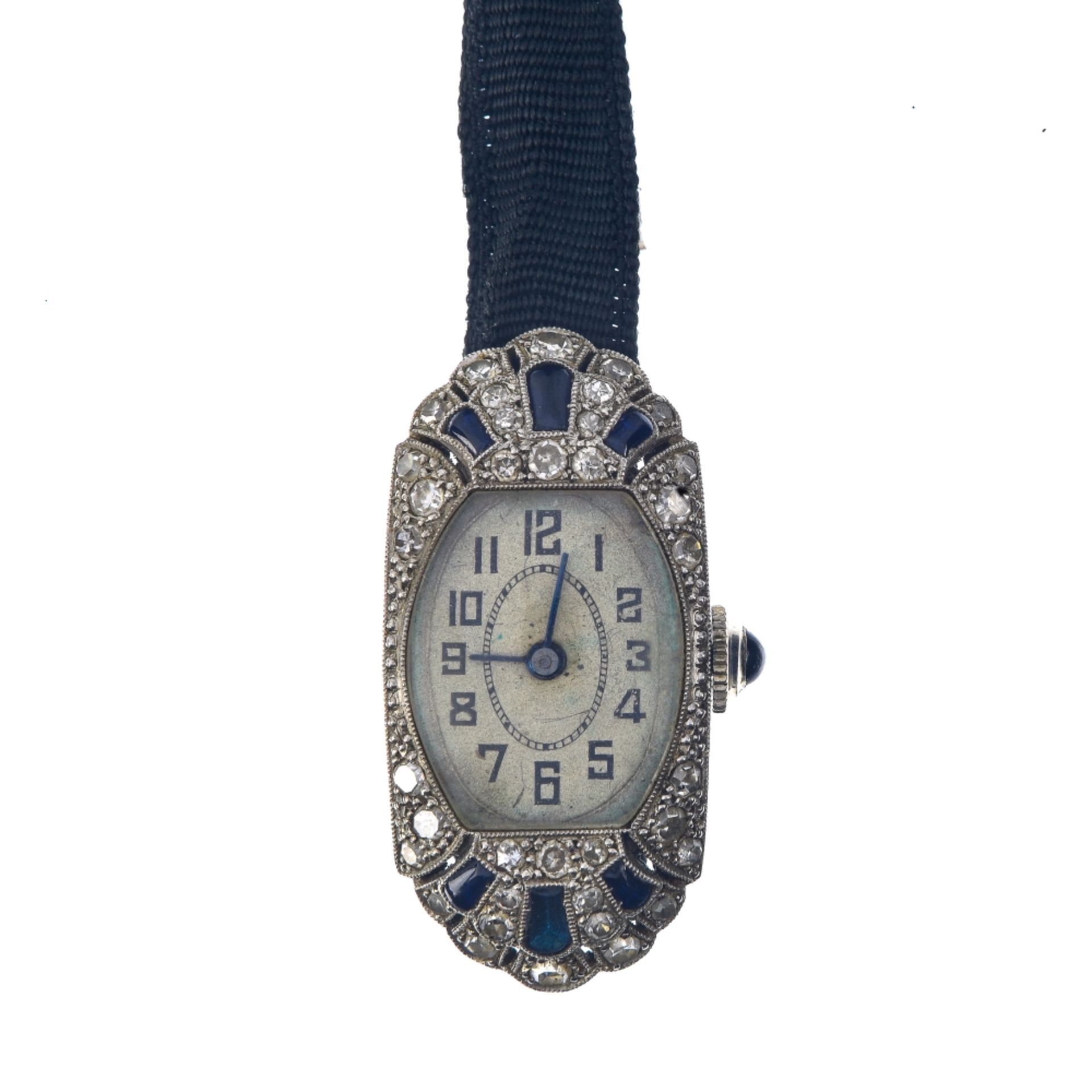 Lady's bracelet watch Lady's platinum bracelet watch set with sapphires and diamonds The casing