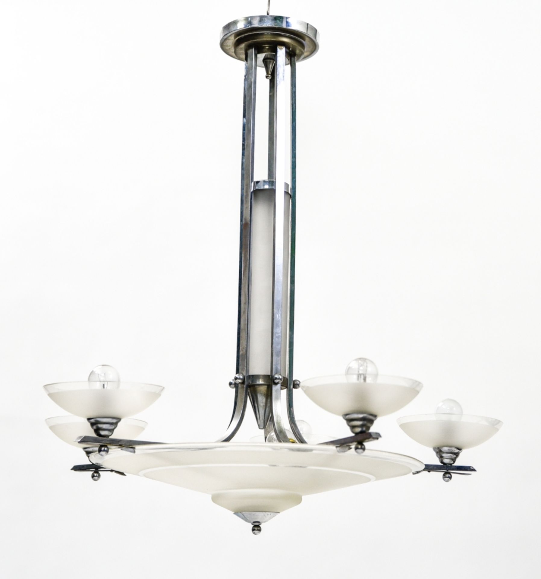 Chandelier with five arms ART DECO WORK glass, sandblasted glass, and chrome-plated metal H : 70