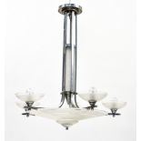 Chandelier with five arms ART DECO WORK glass, sandblasted glass, and chrome-plated metal H : 70