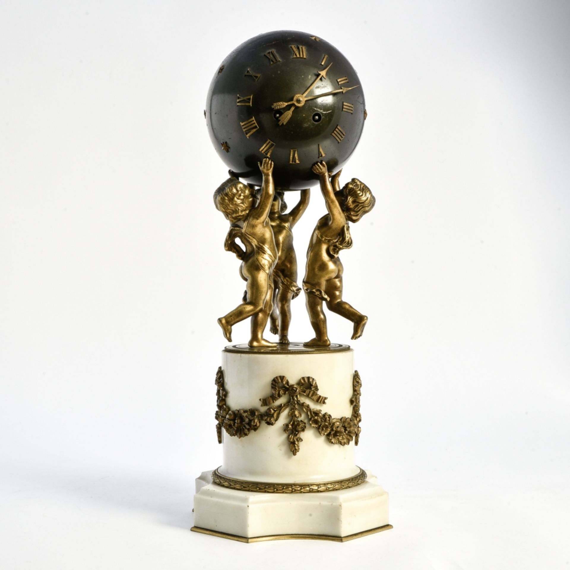 Clock 19TH CENTURY FRENCH WORK bronze and marble, decorated with putti under a starry globe one