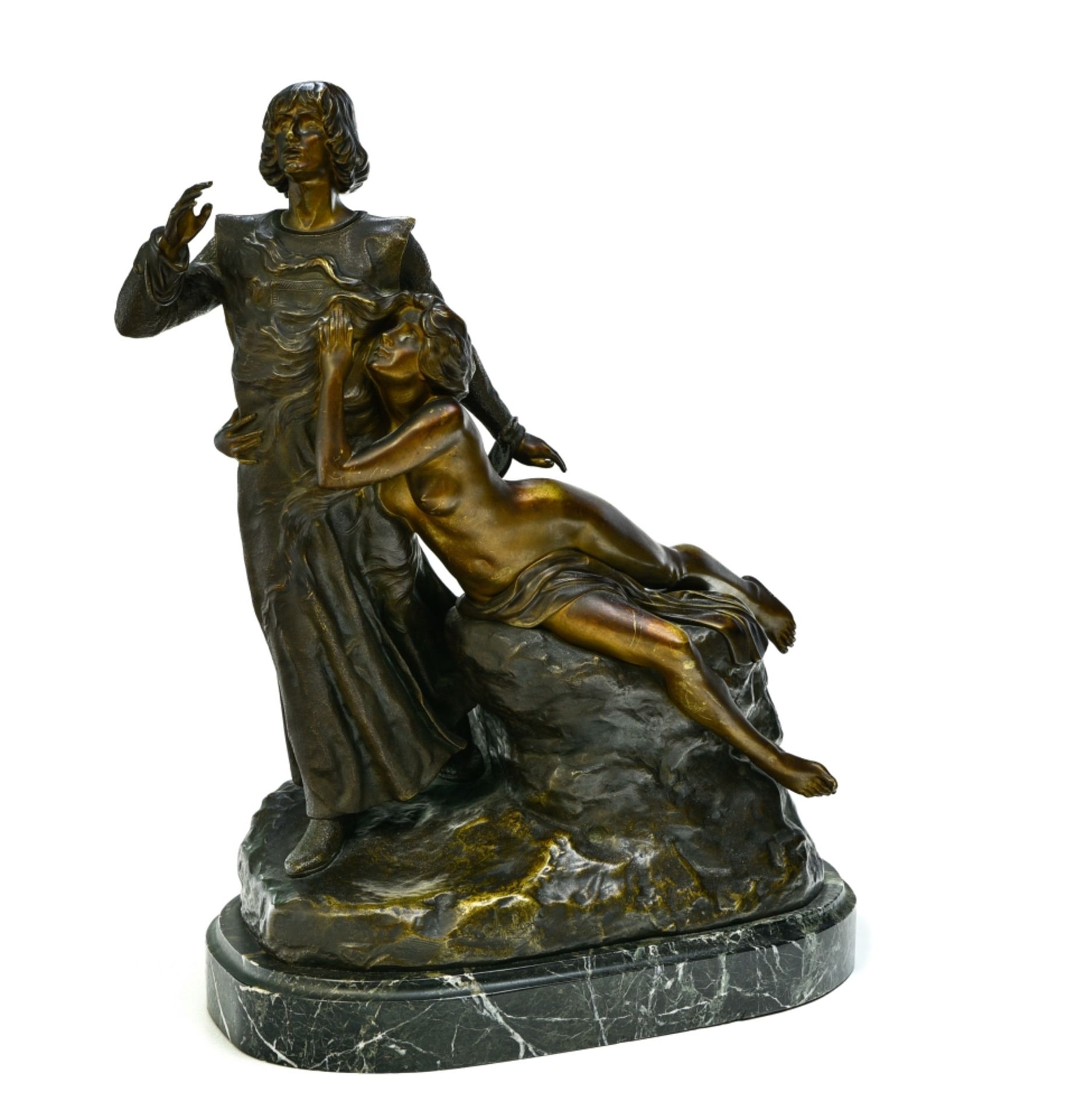 Louis CHALON (1866-1940) TannhŠuser bronze sculpture with shaded brown patina, sea green marble