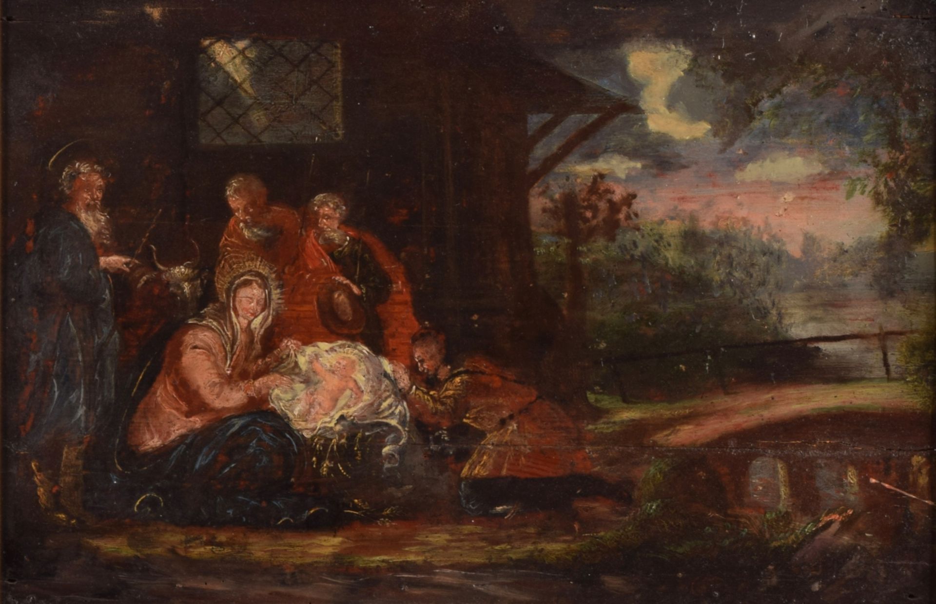 Unsigniert Öl/Holz, Christi Geburt, Anbetungsszene mit Maria, Josef und Hirten vor dem Jesuskind, - Bild 2 aus 5