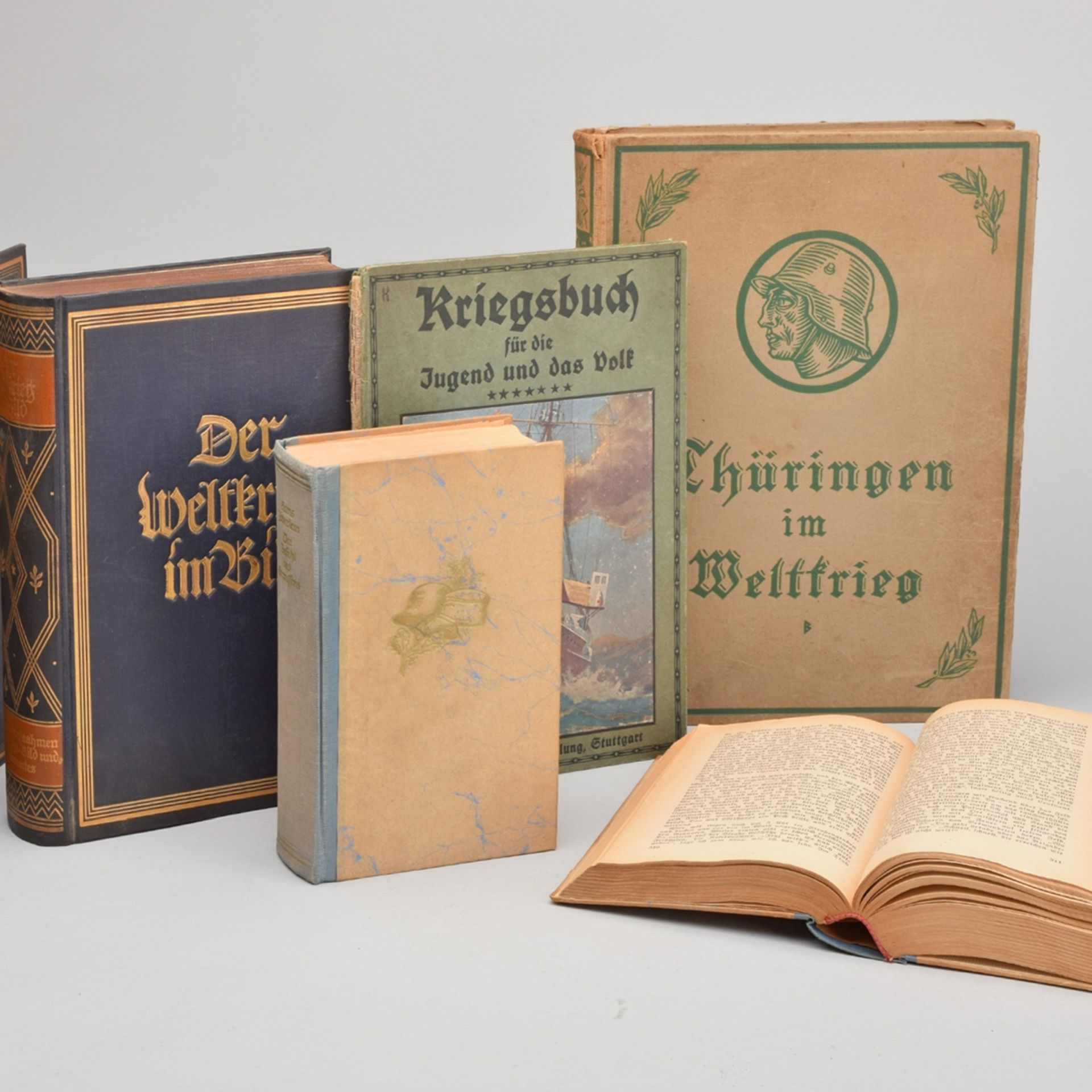 Konvolut Weltkriegsliteratur insg. 6 versch. Ausgaben, dabei: 1 x 2 Bände "Der Weltkrieg im Bild",