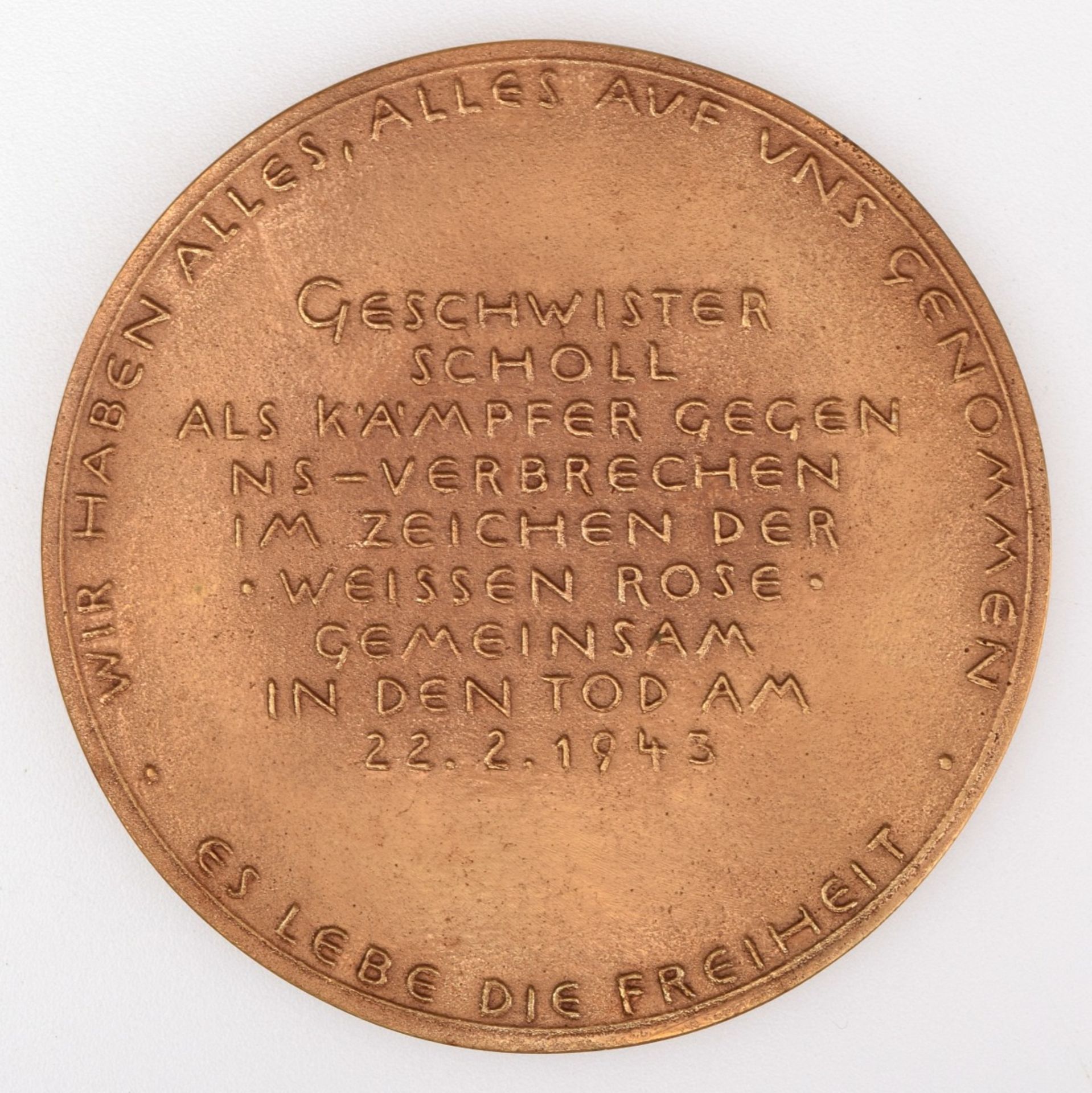 Medaille "Hans und Sophie Scholl" Bronze, Hersteller: Bronzegießerei Hans Füssel - Ingrid Günzel - Bild 3 aus 3