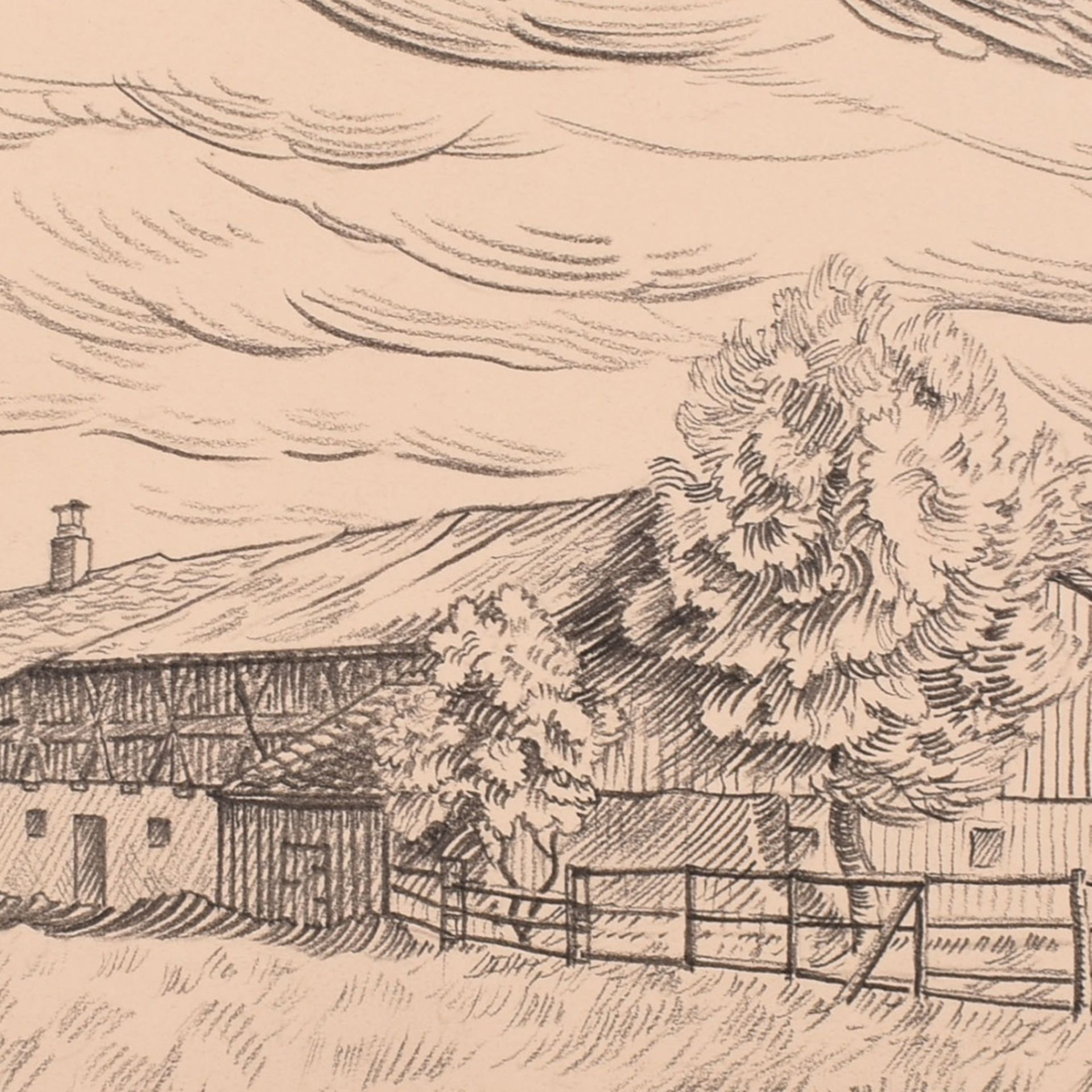 Scharl, Josef (1896 München - 1954 New York City) Zeichnung in Blei, Bauernhof in weiter Landschaf