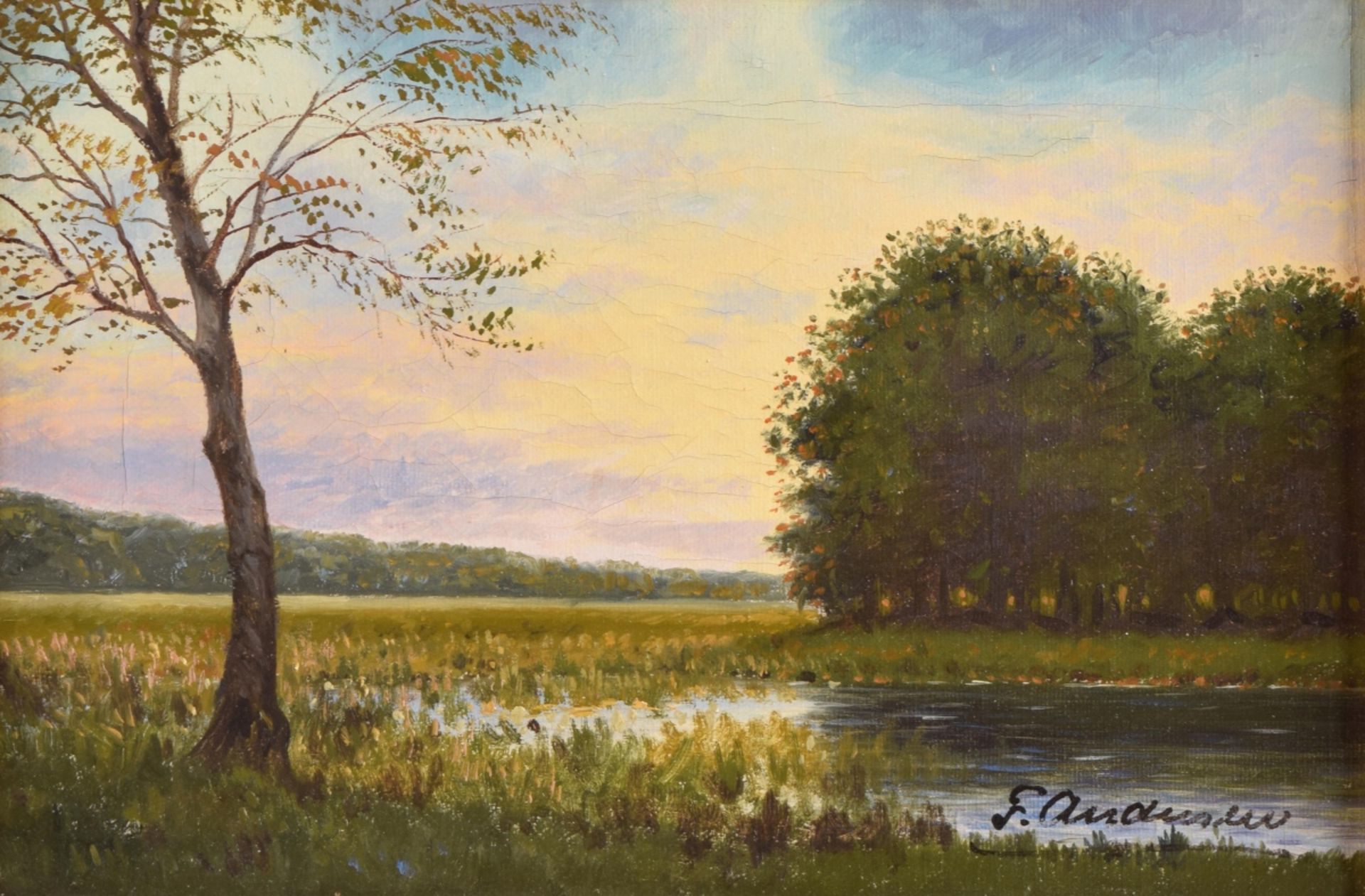 Andersen, F. Öl/Lwd., Abendstimmung am Weiher, rechts unten signiert, gerahmt, ca. 22 x 32 cm, mit - Image 2 of 4