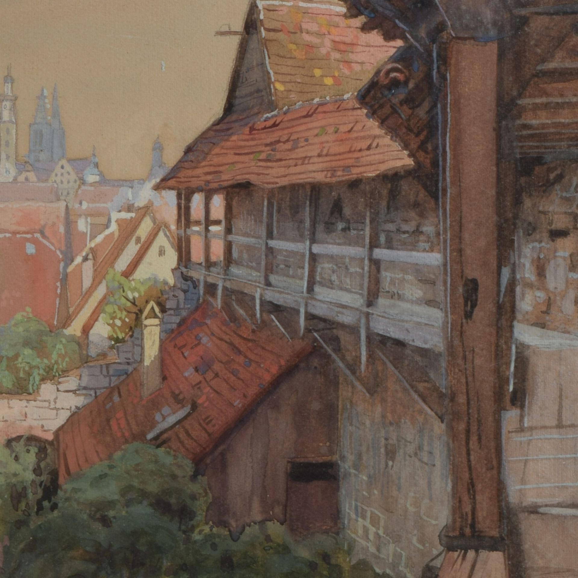 Buschmann, Hermann (1875 - 1961) Aquarell, Stadtmauer von Rothenburg o. d. Tauber, rechts unten sig