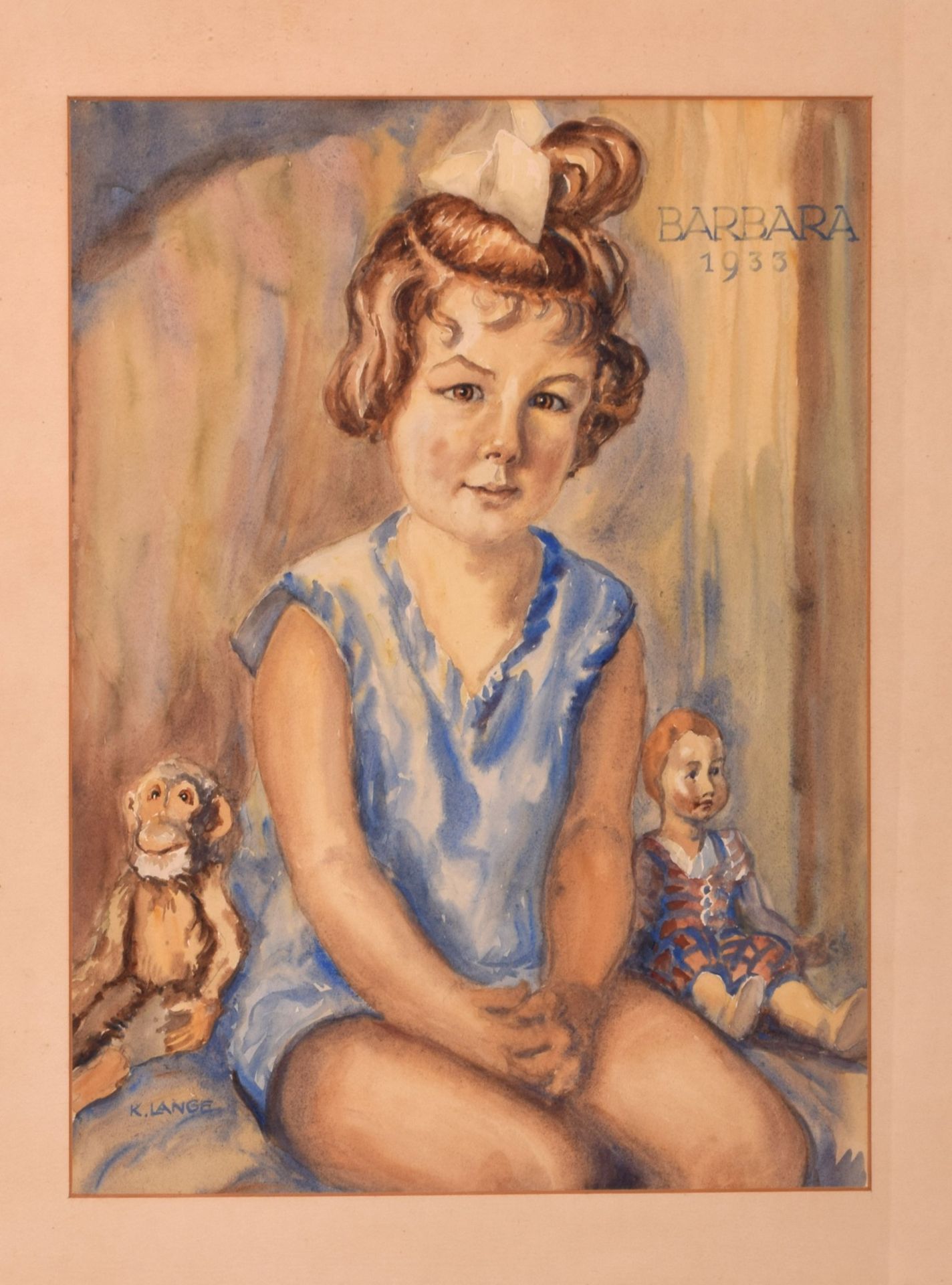 Lange, Carl (1884 Penig - 1956 Karl-Marx-Stadt) Aquarell, Mädchendarstellung mit Puppe und Stoffti - Bild 2 aus 3