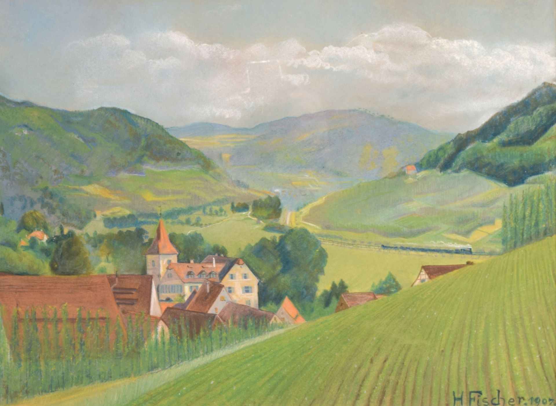 Fischer, H. Pastellzeichnung, Mittelgebirgslandschaft, rechts unten signiert und datiert 1907, hint - Image 2 of 5