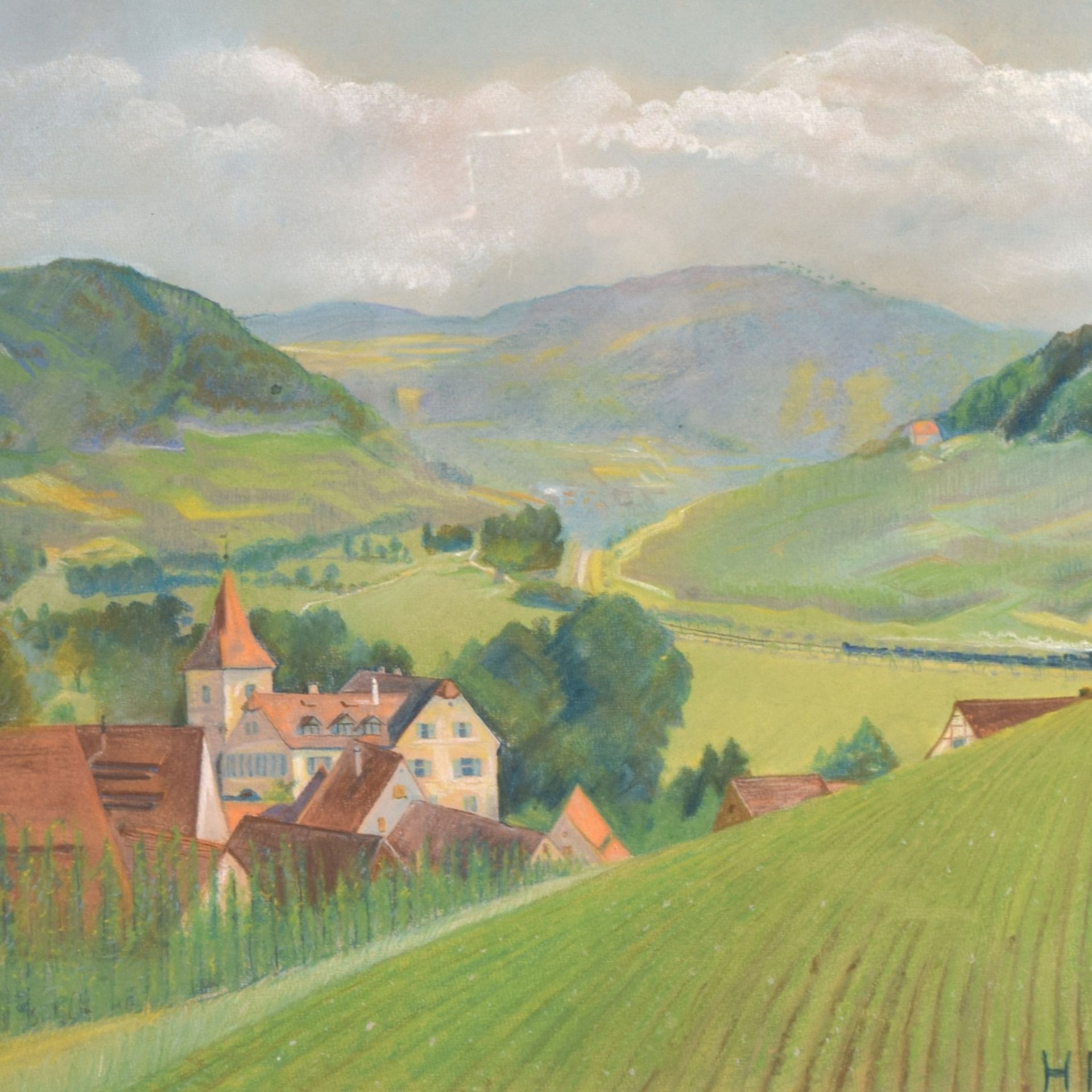 Fischer, H. Pastellzeichnung, Mittelgebirgslandschaft, rechts unten signiert und datiert 1907, hint