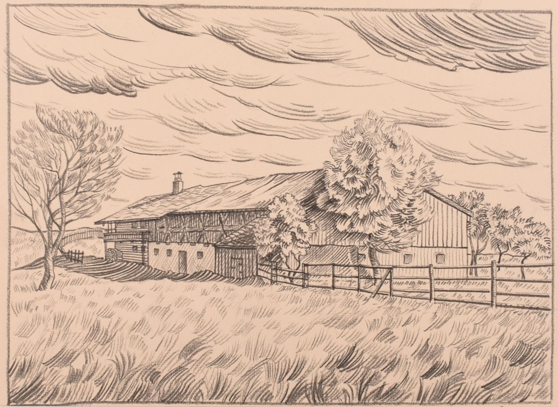 Scharl, Josef (1896 München - 1954 New York City) Zeichnung in Blei, Bauernhof in weiter Landschaf - Bild 2 aus 3