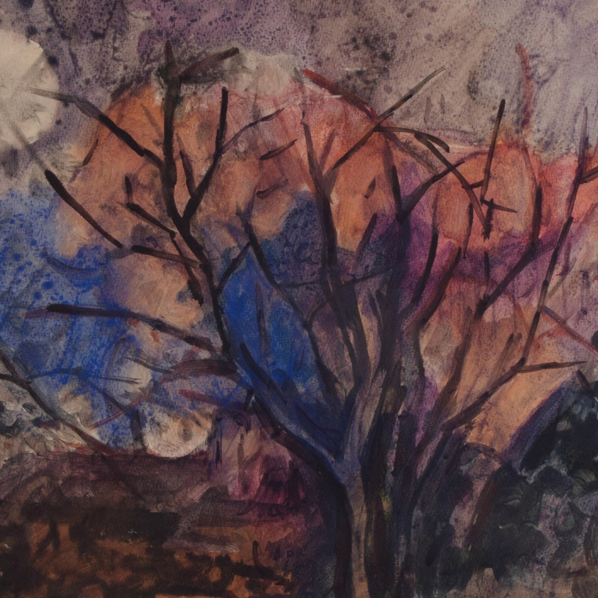 Tetzner, Heinz (1920 Gersdorf - 2007 ebd.) Aquarell, Bäume im Mondschein, unsigniert, hinter Glas
