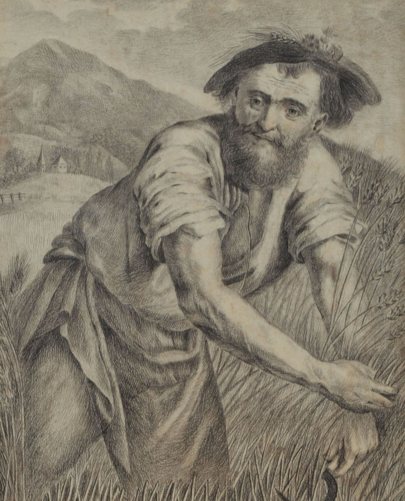 Unsigniert Blei auf Papier, "Schnitter", Landarbeiter in historischer Kleidung mit Sichel, Blatt mi - Bild 2 aus 4
