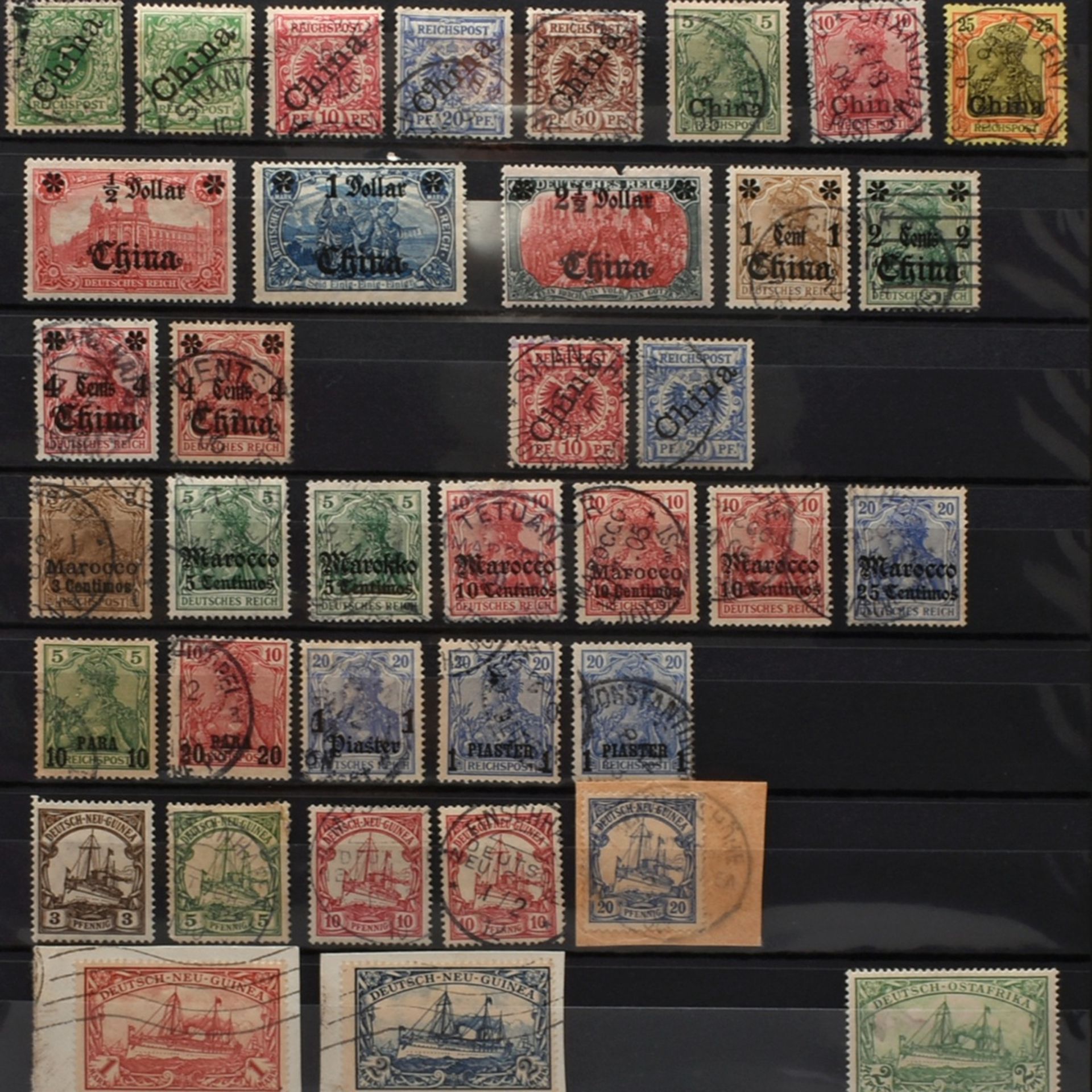 Konvolut Briefmarken Deutsche Kolonien postfrisch und gestempelt, dabei Ausgaben China, Marokko, De
