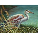 20th C. Signed Painting of Crane Along River