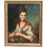 European School, Painting of Woman Holding Flowers
