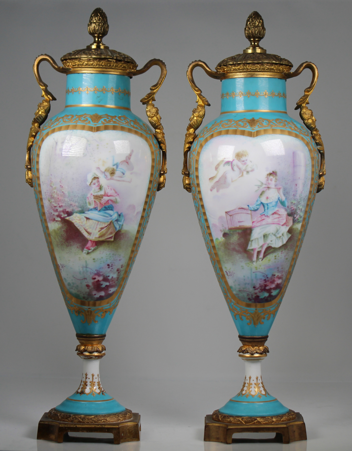 (2) Antique French Porcelain Twin Handled Urns - Image 3 of 9