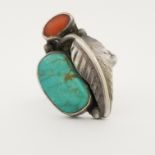 Navajo Turquoise & Coral Silver Ring