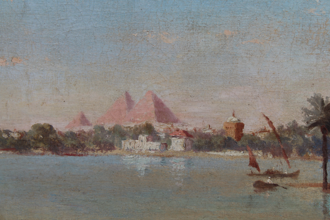 19th C. Orientalist Painting with Pyramids - Image 3 of 4