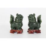 (2) Chinese Carved Spinach Jade Foo Lions