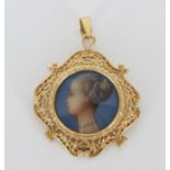 18K Gold Painted Porcelain Cameo Pendant