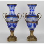 Pair of French Bronze and Cobalt Cut Glass Urns