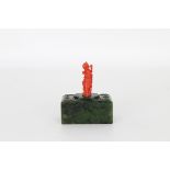 Unusual Carved Coral/Spinach Jade Snuff Box