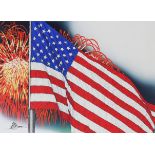 John Benson (B. 1949) "US Flag & Fireworks" Oil