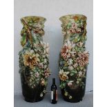 Pair of Palatial Floral Majolica Vases