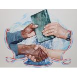 Brian Sanders (B. 1937) "Hands Sharing Book" W/C