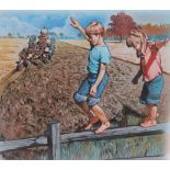 Jim Butcher (B. 1944) "Farm Children on Fence"