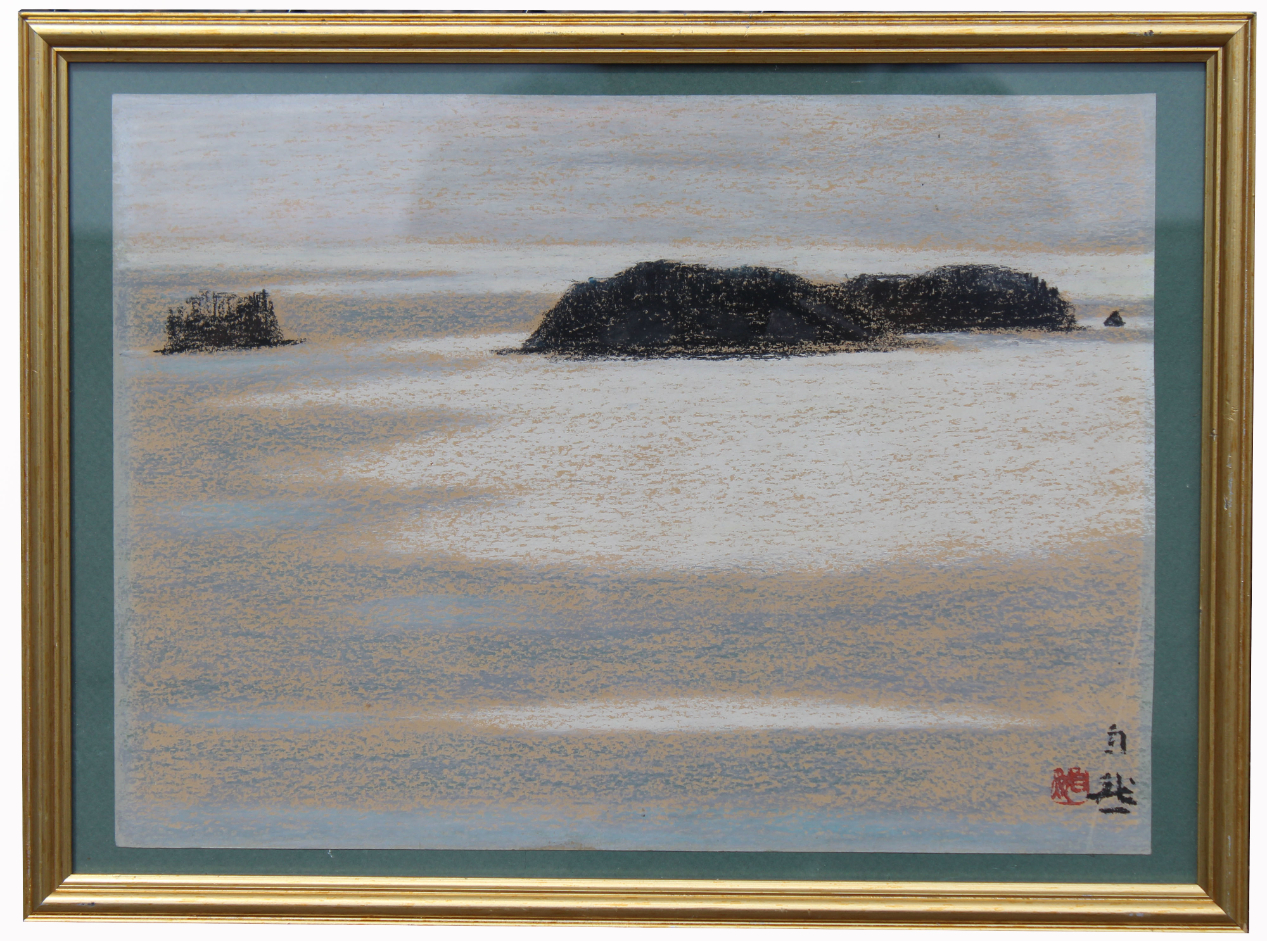 Japanese Pastel Painting Depicting a Seascape