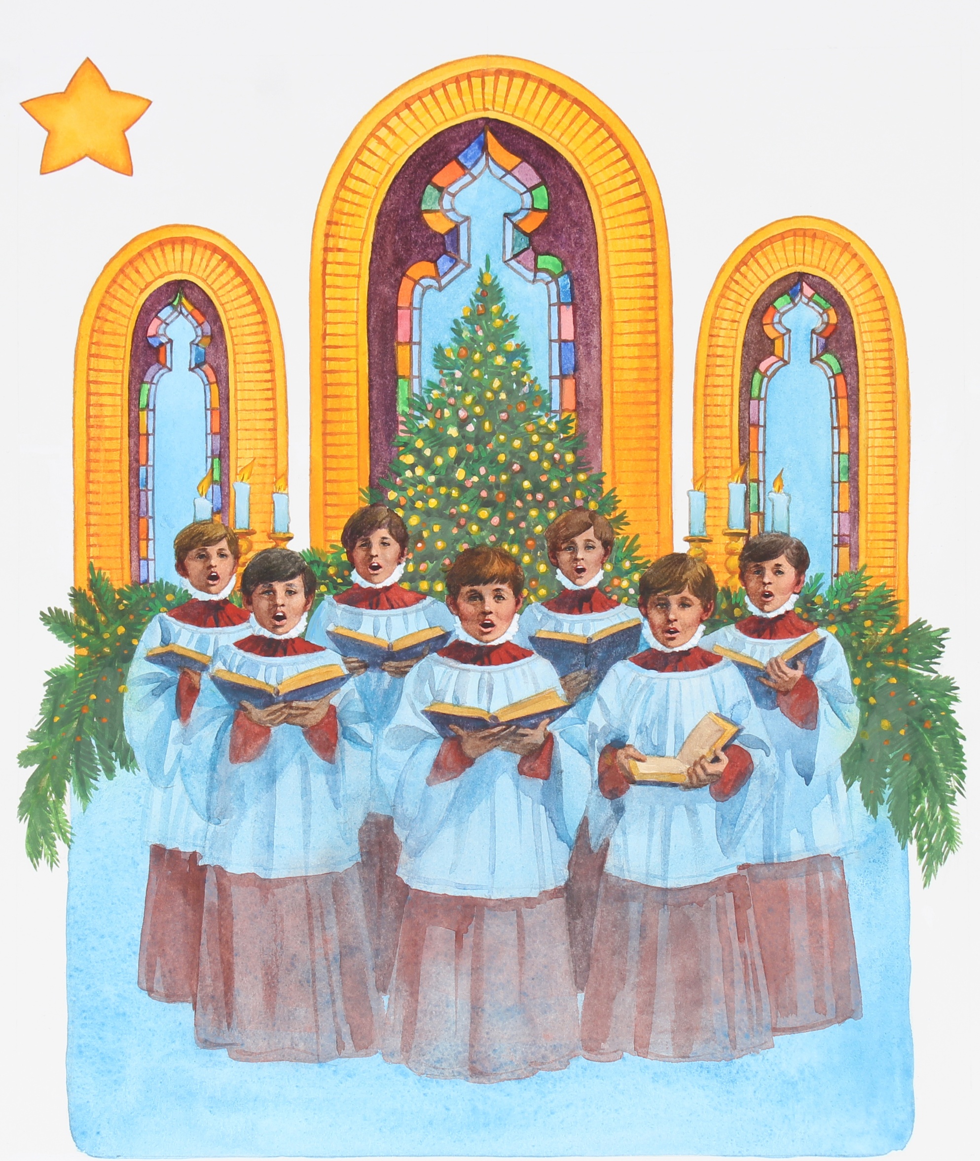 Tom McNeely (B. 1935) "Christmas Choir" Watercolor