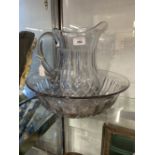 20th cent. Glass: Clear washing jug and bowl.