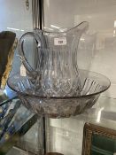 20th cent. Glass: Clear washing jug and bowl.