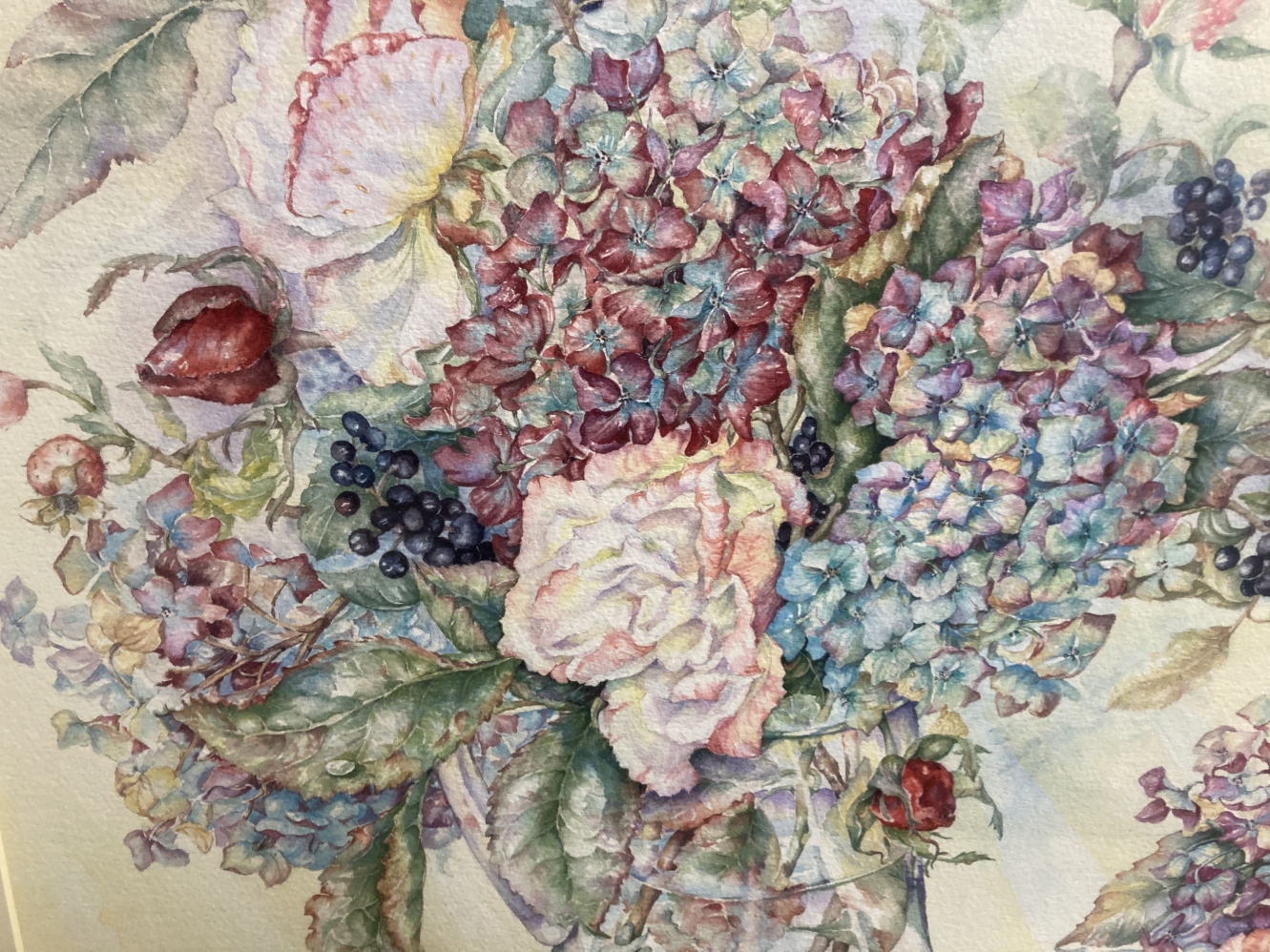 Carole Andrews (1962): Late 20th cent. Watercolour on paper, still life 'Hydrangeas and Roses '. - Image 3 of 4