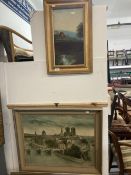 19th cent. Oil painting on glass plus a large town view print. Both framed.