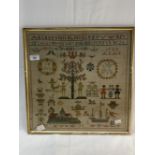 18th cent. Woolwork sampler, double dated 1722-1803. Maritime, family, and religious themes, good