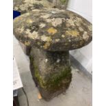 Rural Antiques: Ex-Manor Farm Avebury staddle stone with top. Dia. 25ins. Height 30ins.